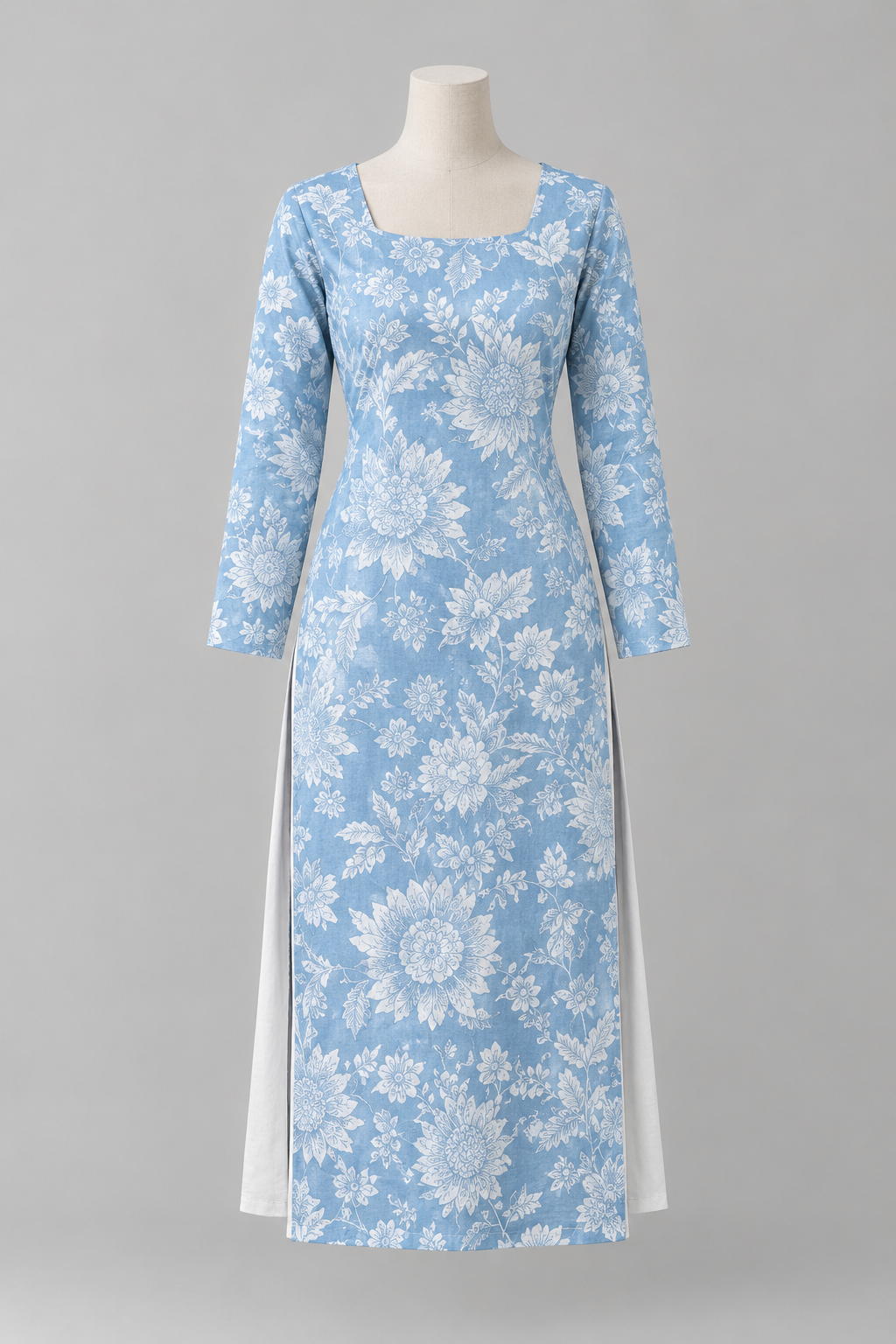 Sky Blue Floral Printed Straight Kurti